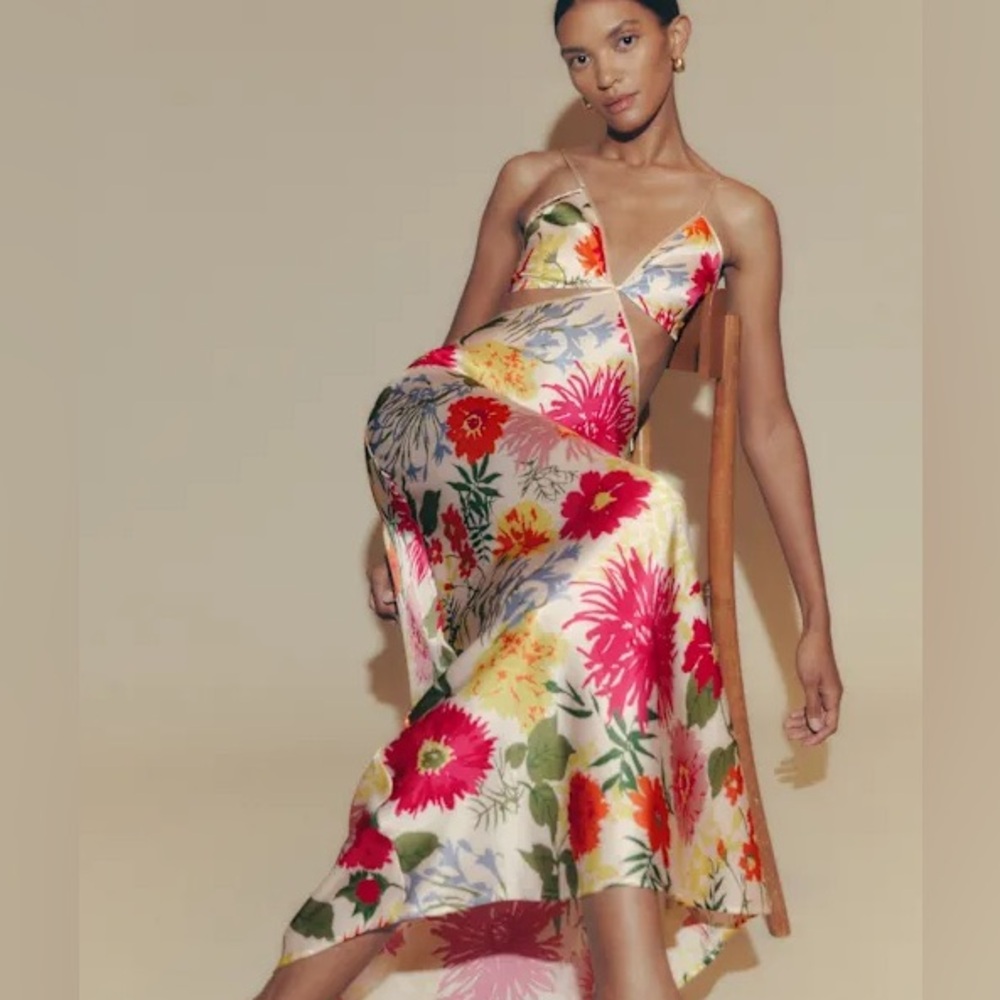 Reformation Satin Floral Maxi Dress in Cream with Pink, Red & Green Bouquet